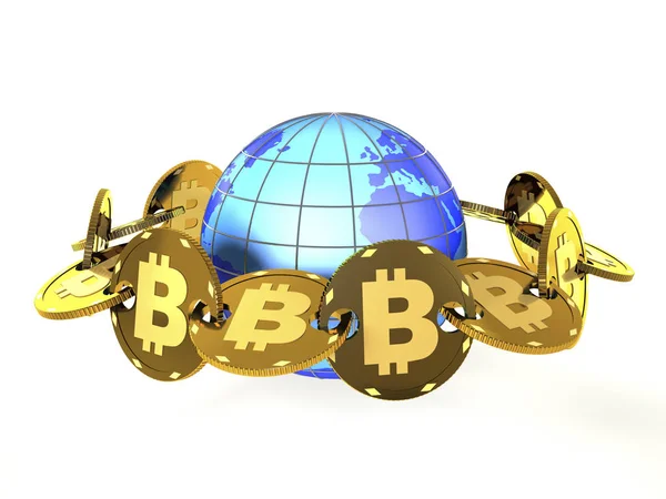 Bitcoins ve blockchain kavram olarak küre (3d çizim) — Stok fotoğraf