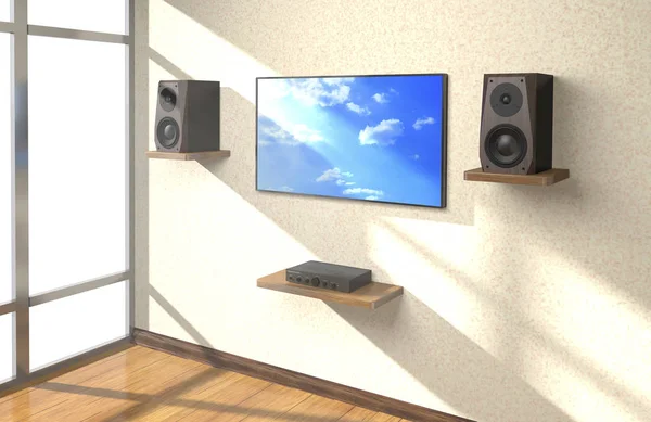 音响设备和电视在房间里 (3d 例证). — 图库照片