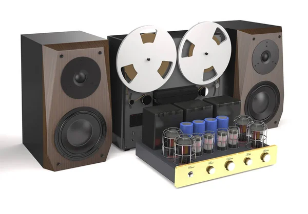 Vintage tube amplifier, reel tape recorder and loudspeakers (3d — Stock Photo, Image