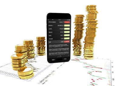 Smartphone ve altın sikkeler üzerinde iş arka plan (3d illustratio