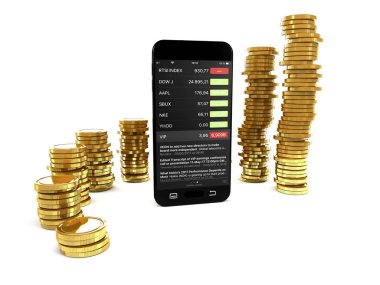Beyaz arka plan üzerinde smartphone ve altın paralar (3d çizim).