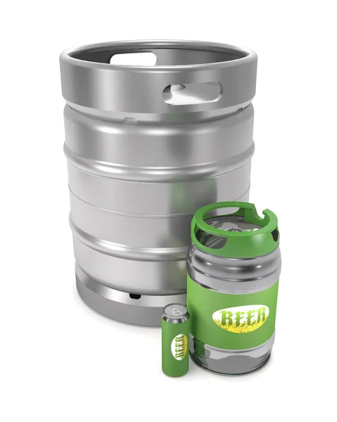 Cerveza barriles y lata (ilustración 3d ). —  Fotos de Stock