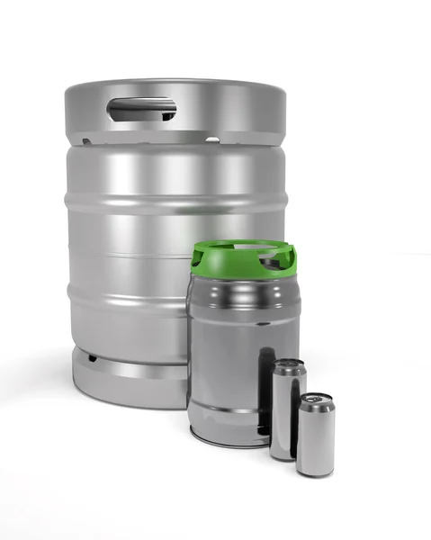 Barris de cerveja e latas (ilustração 3d ). — Fotografia de Stock