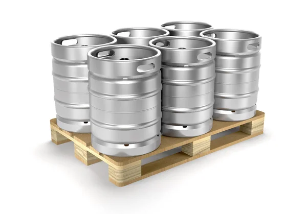 Aluminium beer kegs on a storage pallet (3d illustration). — Stock Photo, Image