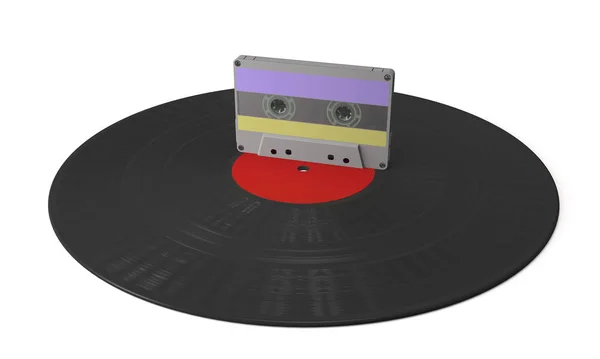 Vinyl gramophone disc and audio cassette (3d illustration). — ストック写真