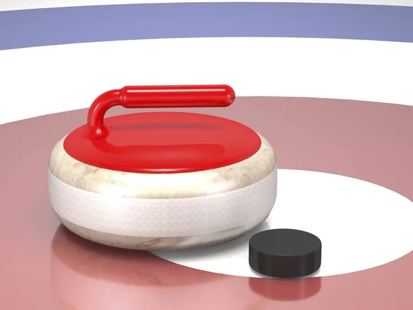 Piedra rizadora y disco de hockey (ilustración 3d ). —  Fotos de Stock