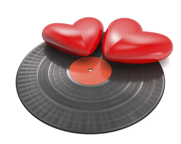 Vinylová deska a dvě červená srdce (3D ilustrace). — Stock fotografie