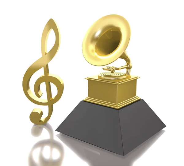 Segno di chiave di violino e statuetta di un grammofono dorato (3d illustr — Foto Stock