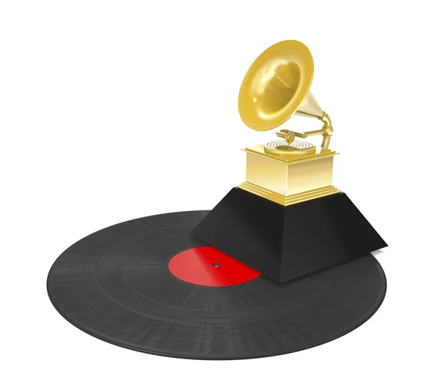 Schallplatte und hochwertiges goldenes Grammophon (3D-Illustration)). — Stockfoto