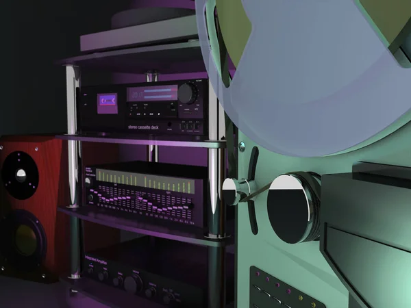 ヴィンテージオーディオ機器 テープレコーダー アンプ イコライザー ターンテーブル スピーカーは録音スタジオにあります 3Dイラスト — ストック写真
