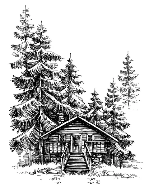 Een houten cabin in het dennenbos. Idyllisch winterlandschap — Stockvector