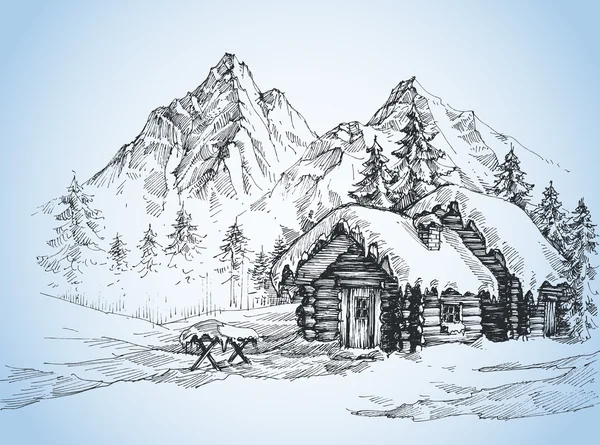 Christmas background, house in the snow landscape — ストックベクタ