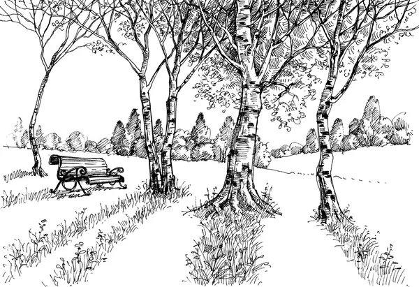 Garden in the sunlight drawing. A bench in the park — Διανυσματικό Αρχείο