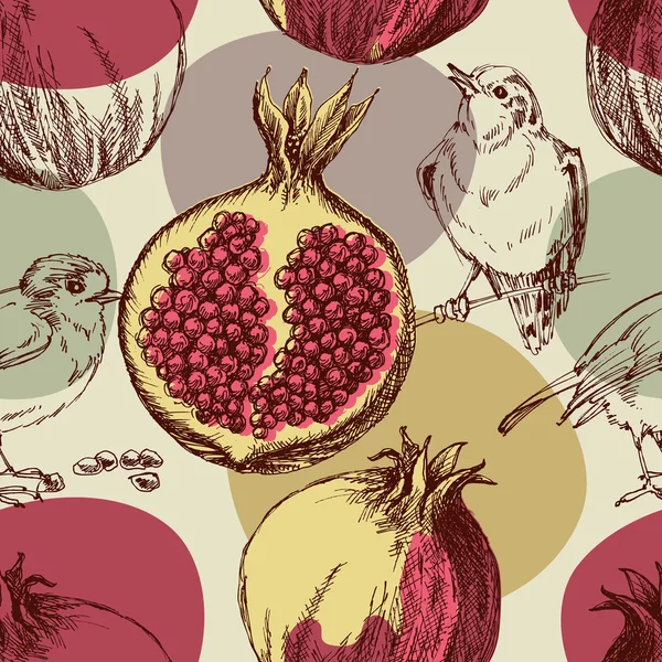 Pomegranate pattern. Cute seamless pattern pomegranates and bird — Stock vektor