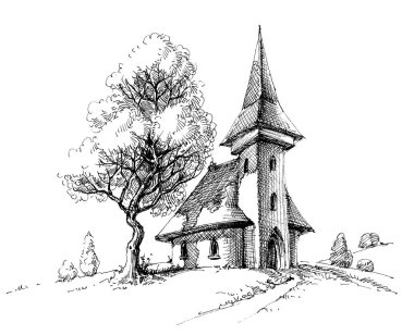 Eski kilise kroki. Sanatsal yazdırma için çizim