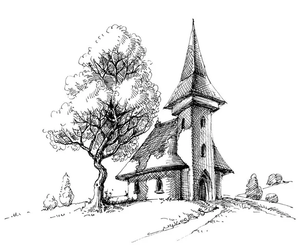 老教堂的剪影。艺术绘图打印 — 图库矢量图片