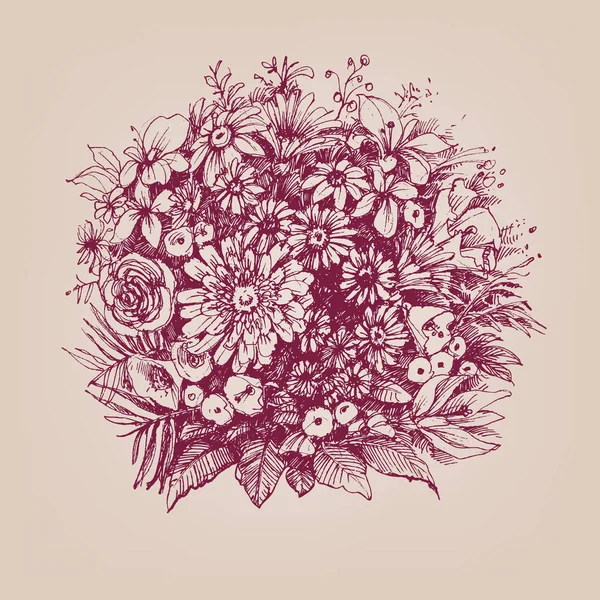 レトロな花の花束。丸い飾り、エッチング — ストックベクタ