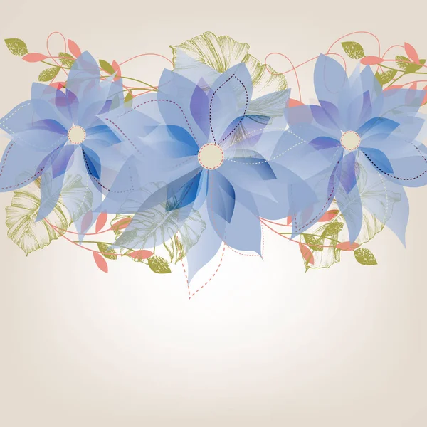 Fleurs bleues fond. Carte de voeux à feuillage printanier — Image vectorielle