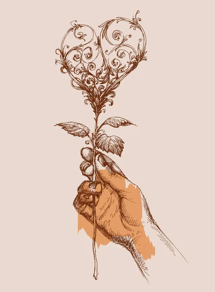 Offrant concept d'amour, main donnant une rose en forme de coeur — Image vectorielle