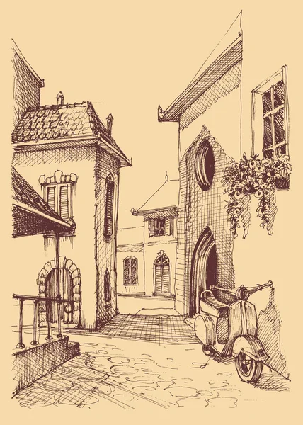 Stare Miasto ręki rysunek, małej uliczce i skuter — Wektor stockowy