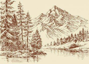 Alp manzara, nehir ve çam ormanı kroki