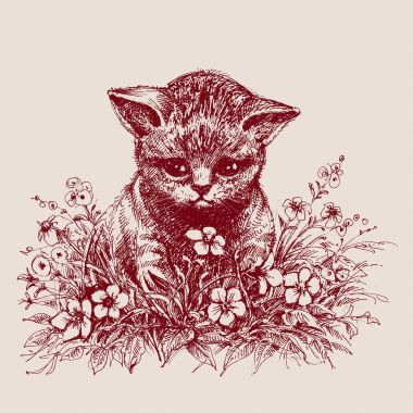 Çiçek el çizimi arasında oturan kedi