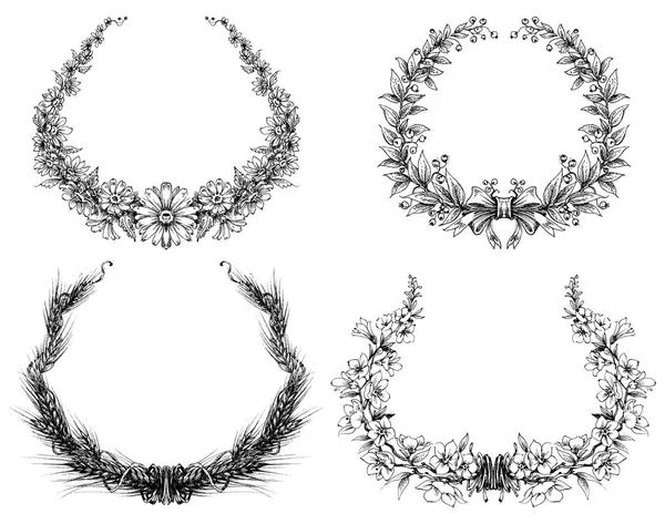 Vintage frames, laurel, wheat and flowers retro wreath set — Stock Vector