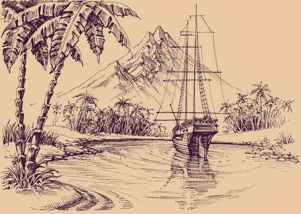 Tropikal Körfez ve tekne — Stok Vektör
