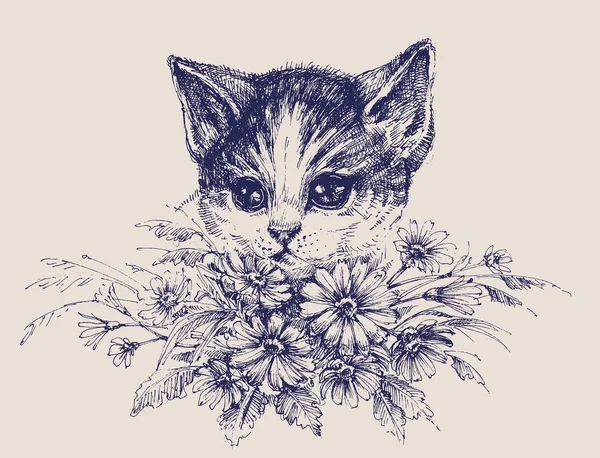 Симпатичный кошачий портрет с букет цветов — стоковый вектор