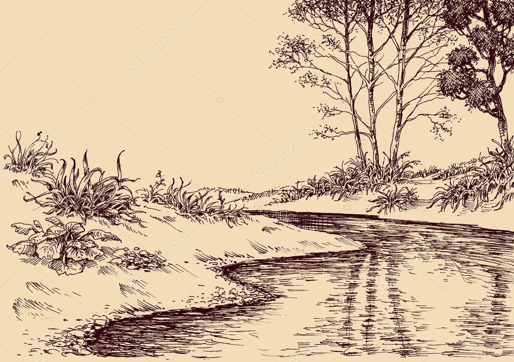landschap tekenen. stroom van de rivier en vegetatie — stockvector