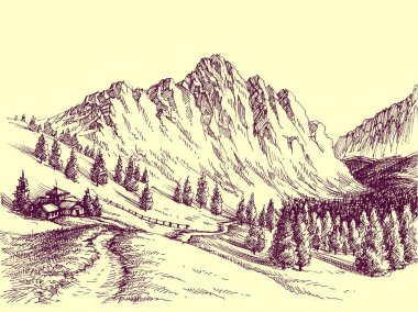 Dağ yolu, Alp sahne illüstrasyon