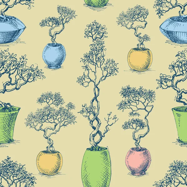 Small trees in pots seamless pattern — Stock Vector