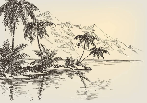 Dibujo de playa, palmeras y montañas en el fondo — Vector de stock