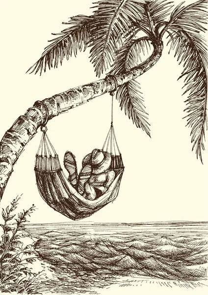 Pláž vektorové ilustrace, palmu a houpací sítě — Stockový vektor