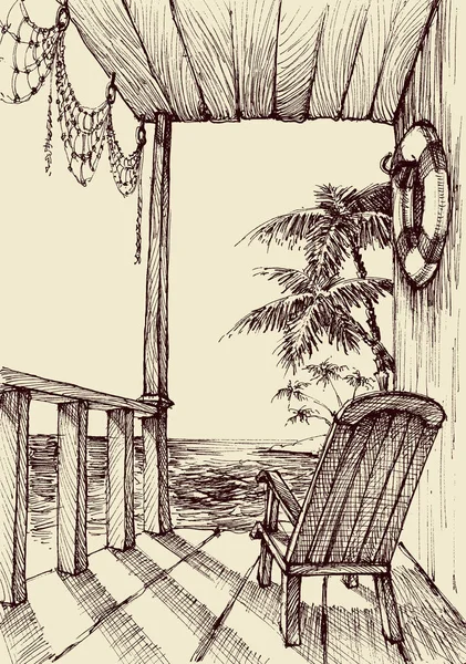 Θέα στη θάλασσα από τη βεράντα του ένα σπίτι στην παραλία — Διανυσματικό Αρχείο