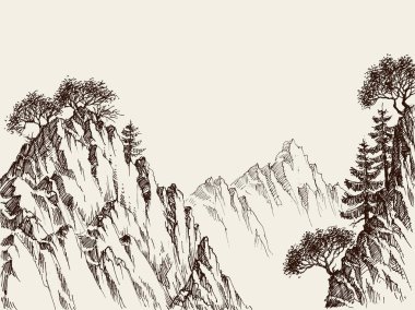Dağ kayalıklarla el çizimi