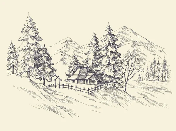 Χειμερινό τοπίο σκίτσο — Διανυσματικό Αρχείο