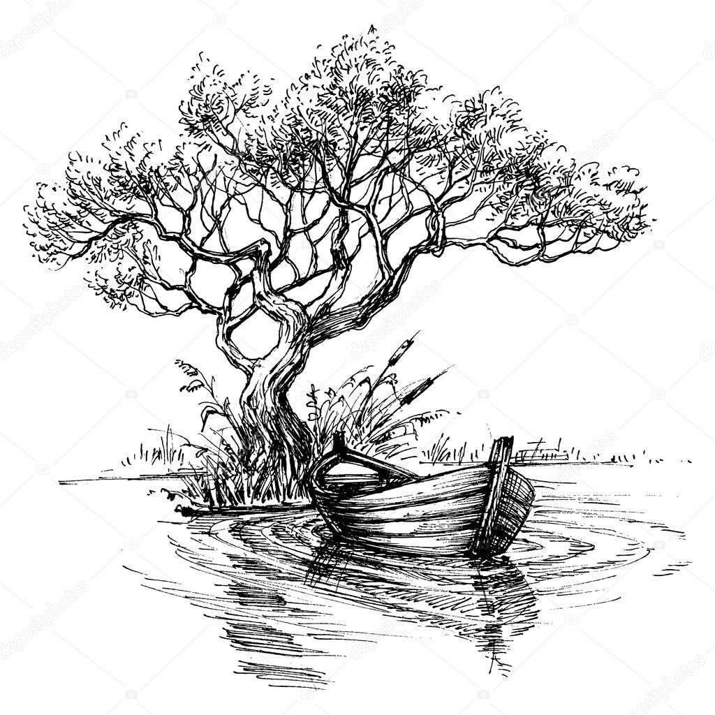 Boat on water under the tree sketch wallpaper