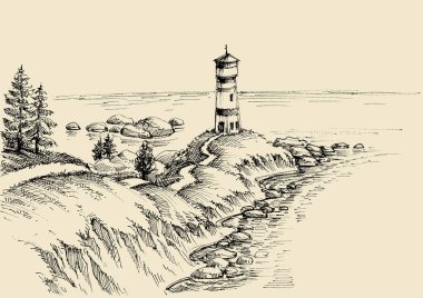Çizim, deniz feneri için bir yol Beach