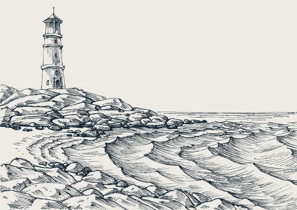 Mer rivage et vagues de mer dessin — Image vectorielle