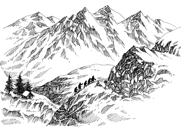 Mountain climbers in high lands drawing Stock Vector