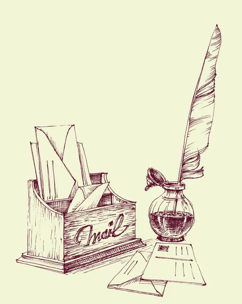 Cartas velhas, pote de tinta e caneta de pena design vintage —  Vetores de Stock