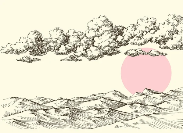 Nubes y sol sobre dunas de arena desértica. Dibujo de paisaje desierto — Vector de stock