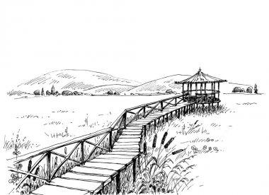 Watchtower Sketch çayır üzerinde köprü. Sanatsal siyah ve beyaz duvar kağıdı