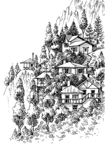 Schizzo Villaggio Montagna Disegno Matita — Vettoriale Stock