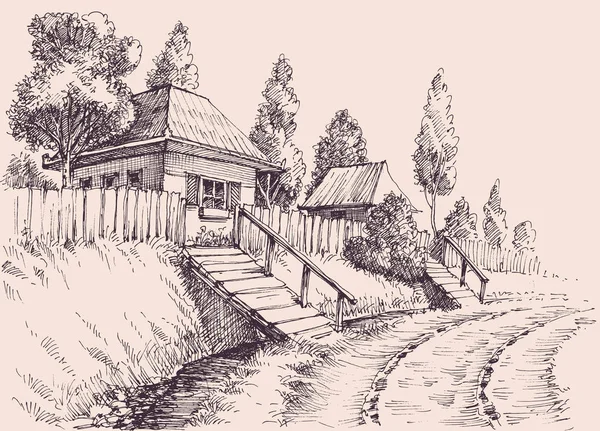 Jalan Desa Rumah Rumah Tua Kecil Sketsa Wallpaper - Stok Vektor