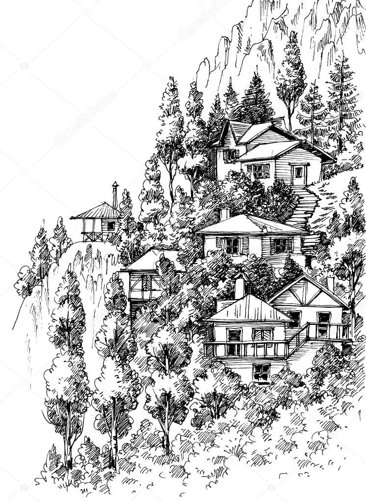 Mountain village sketch, pencil drawing