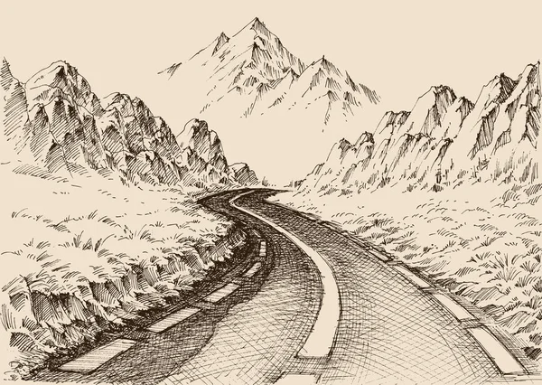 Leere Straße durch alpine Landschaft Handzeichnung — Stockvektor