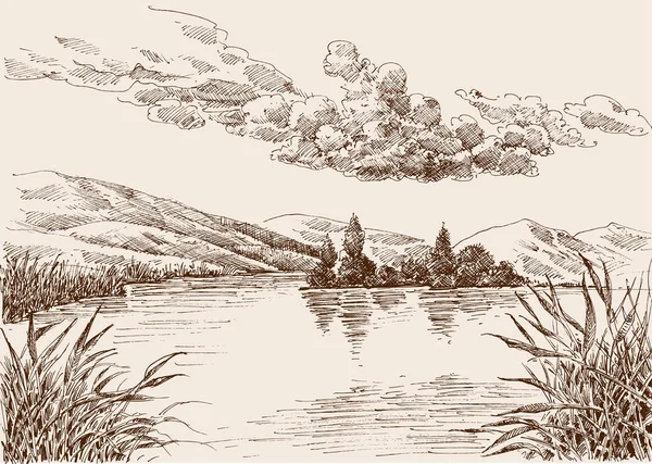 Esboço de paisagem de lago, vegetação de água e desenho de mão céu nublado — Vetor de Stock