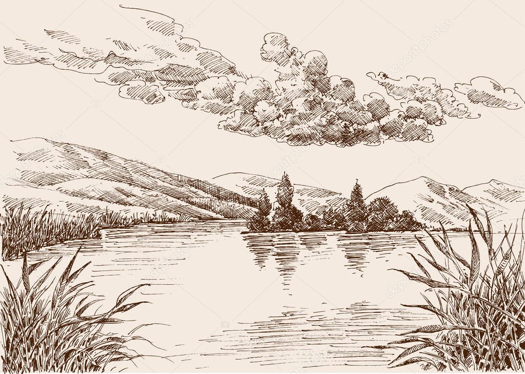 Lake landscape sketch, water vegetation and cloudy sky hand draw